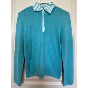 Vtg Chaps Blue Polo Shirt Striped Collar Button Size S Cotton Blend L/S Preppy